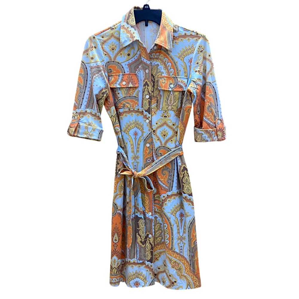 J McLaughlin Paisley Print Shirt Dress Orange Blue Belted Midi XS